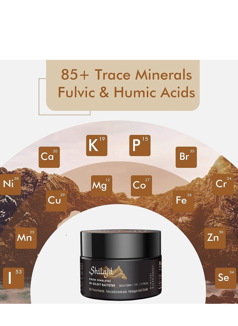 Shilajit Purest Himalayan Shilajit Resin - Gold Grade 100% Pure Shilajit with Fulvic Acid & 85+ Trace Minerals Complex for Energy & Immune Support, 50 Grams
