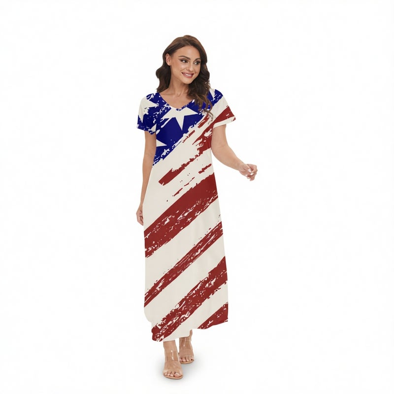 Women's V-Neck Summer Lightweight Digital Print Maxi Dress - Image 2