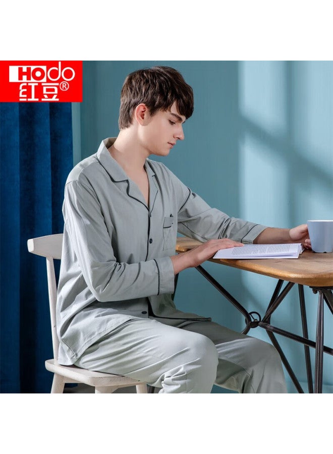 Hongdou Men's Pajamas, Pure Cotton Long-sleeve Set, All-cotton Loungewear, Solid Color Lapel Cardigan, Couple's Pajamas, Light Gray, Size 175 - Image 1