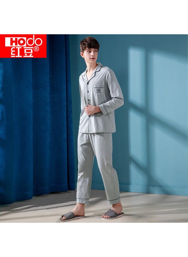 Hongdou Men's Pajamas, Pure Cotton Long-sleeve Set, All-cotton Loungewear, Solid Color Lapel Cardigan, Couple's Pajamas, Light Gray, Size 175 - Image 4