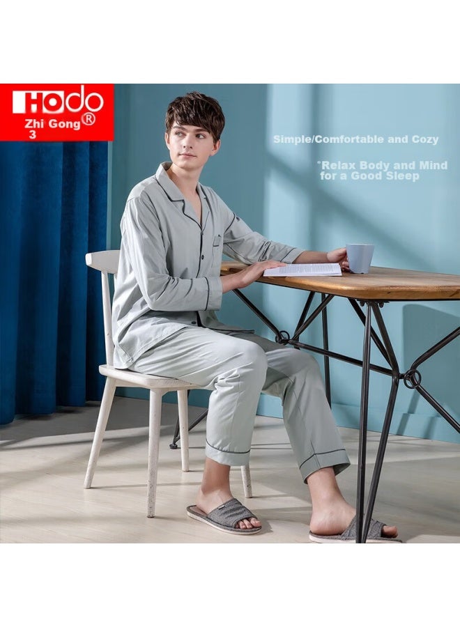 Hongdou Men's Pajamas, Pure Cotton Long-sleeve Set, All-cotton Loungewear, Solid Color Lapel Cardigan, Couple's Pajamas, Light Gray, Size 175 - Image 2