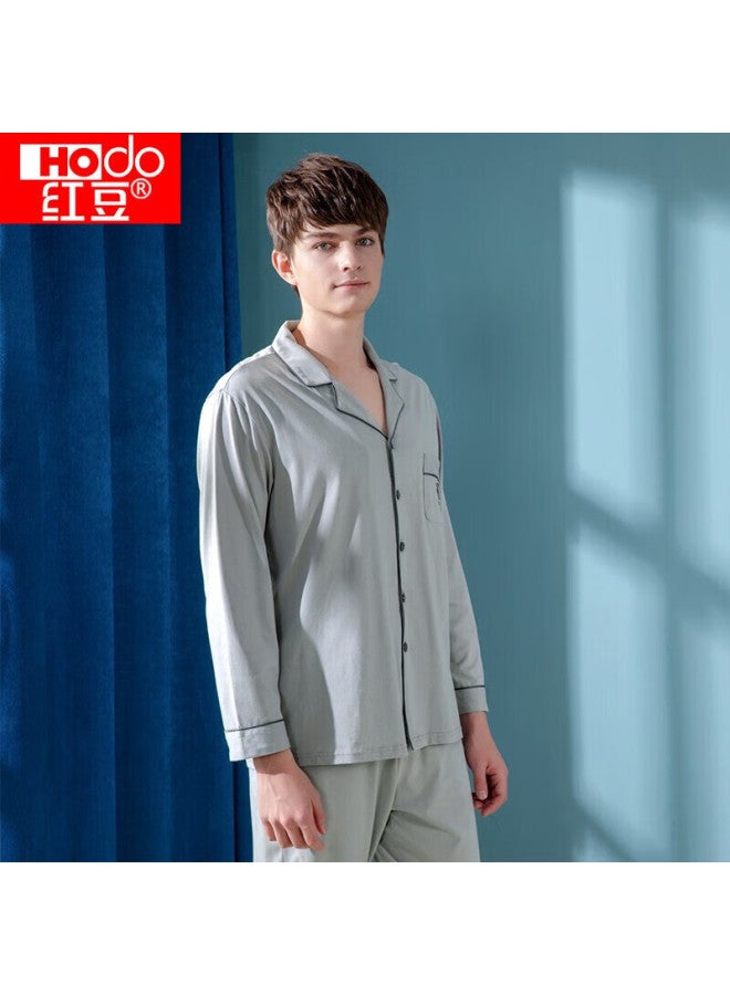 Hongdou Men's Pajamas, Pure Cotton Long-sleeve Set, All-cotton Loungewear, Solid Color Lapel Cardigan, Couple's Pajamas, Light Gray, Size 175 - Image 3