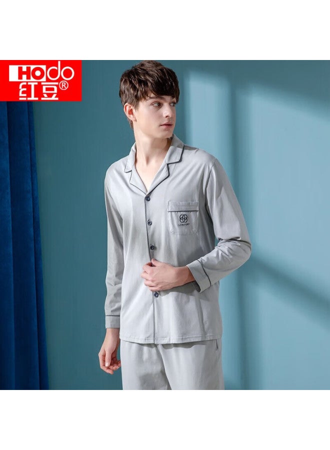 Hongdou Men's Pajamas, Pure Cotton Long-sleeve Set, All-cotton Loungewear, Solid Color Lapel Cardigan, Couple's Pajamas, Light Gray, Size 175 - Image 5