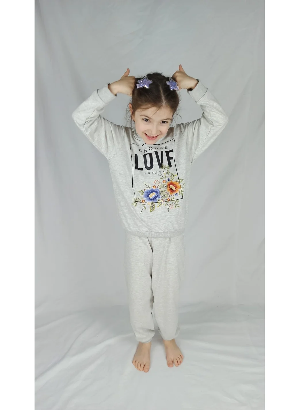 Bluence Girl Waiter Gray Printed Cotton Tracksuit Set