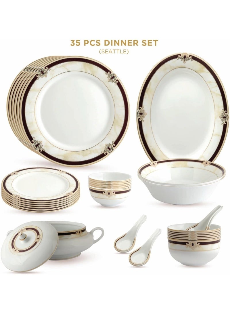 Peggy Oliver Seattle Collection 35 Pcs Dinner Set | Adorned With Brown And Gold (Plated With Real Gold) | Elegant Set for Serving & Gifting - Image 1