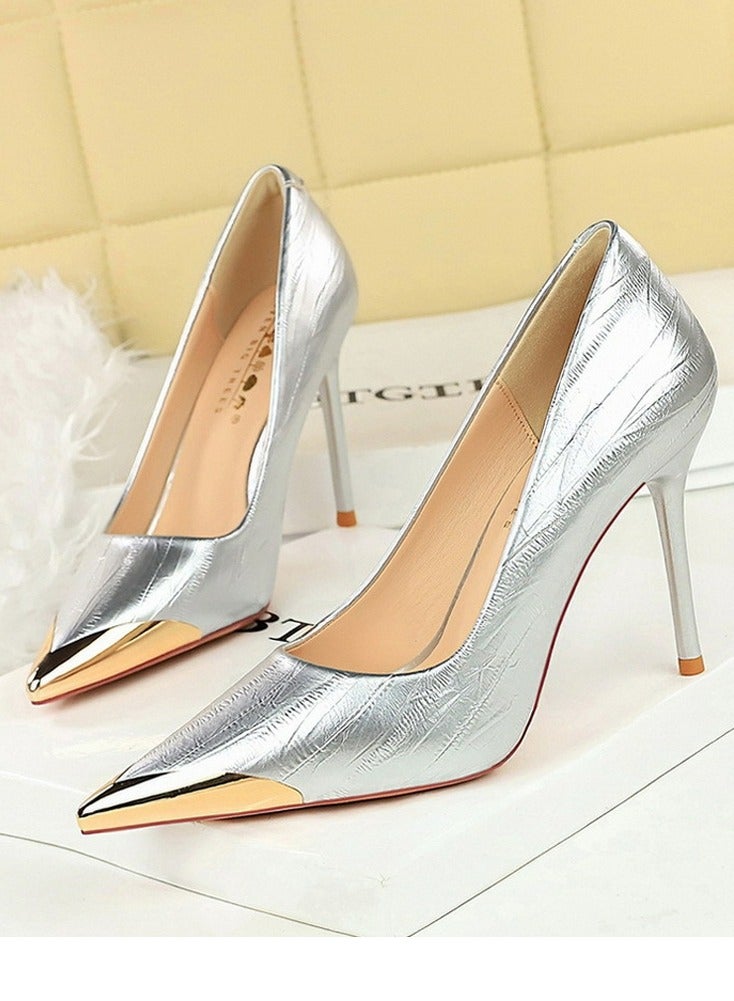 بيج تري المرأة أنيقة معدنية مغلقة أشارت إصبع القدم الكعب العالي الفضة 9.5CM - Image 1