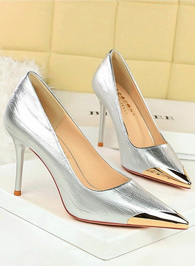 بيج تري المرأة أنيقة معدنية مغلقة أشارت إصبع القدم الكعب العالي الفضة 9.5CM - Image 2