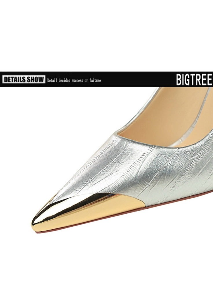 بيج تري المرأة أنيقة معدنية مغلقة أشارت إصبع القدم الكعب العالي الفضة 9.5CM - Image 4