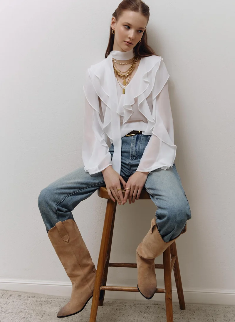 Lichi Semi-transparent blouse with flounces and ribbon scarf