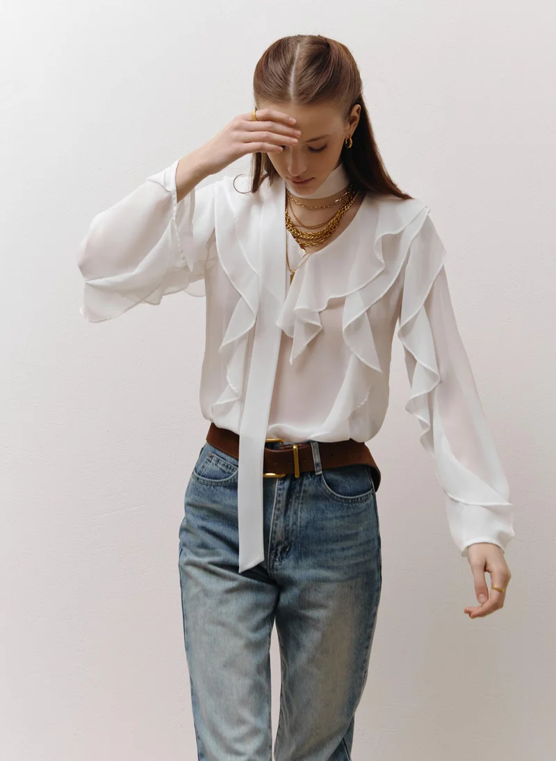 Lichi Semi-transparent blouse with flounces and ribbon scarf