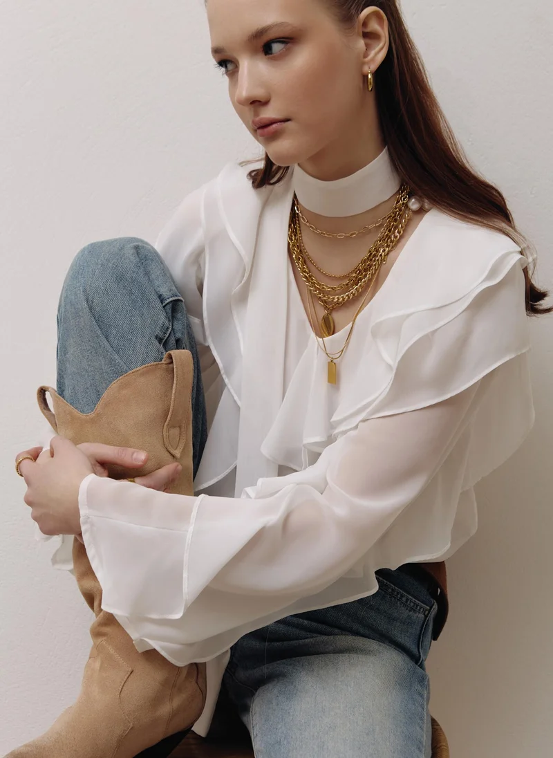 Lichi Semi-transparent blouse with flounces and ribbon scarf
