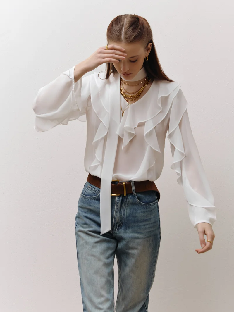 Lichi Semi-transparent blouse with flounces and ribbon scarf