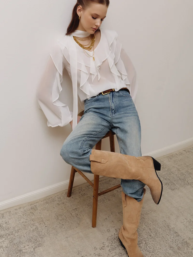 Lichi Semi-transparent blouse with flounces and ribbon scarf