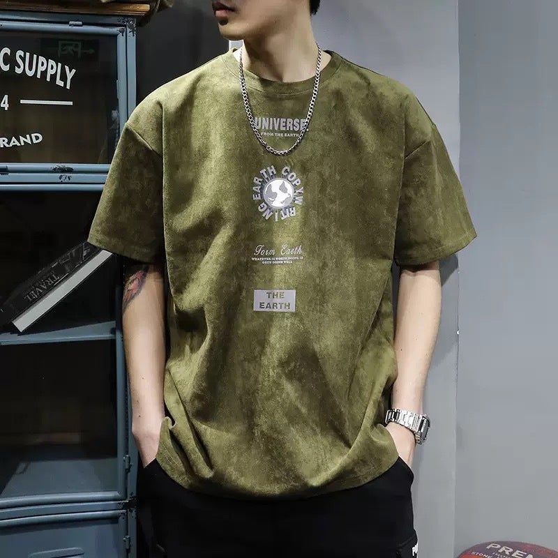 American Heavyweight Short-Sleeved T-Shirt Men'S Summer High-End Loose Trendy Brand Half-Sleeved Printed Suede American Retro - Image 1