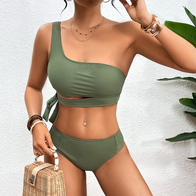 2024 New AliExpress Shoulder Solid Color Printed Strap High Waist Sexy Split Bikini Swimsuit Women - Image 3