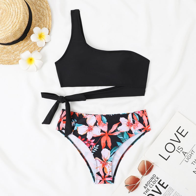 2024 New AliExpress Shoulder Solid Color Printed Strap High Waist Sexy Split Bikini Swimsuit Women - Image 1