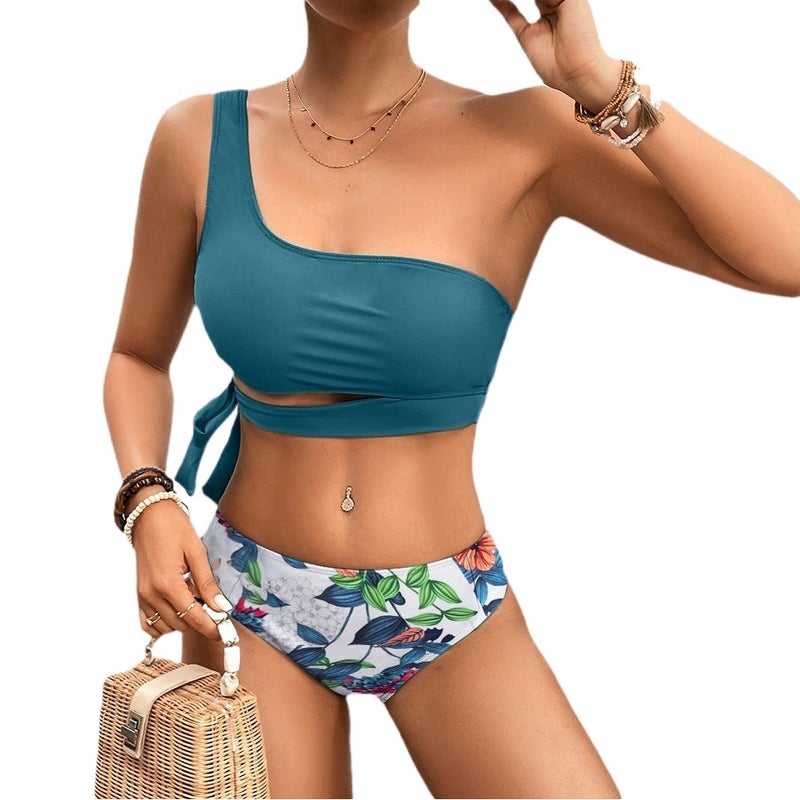 2024 New AliExpress Shoulder Solid Color Printed Strap High Waist Sexy Split Bikini Swimsuit Women - Image 2