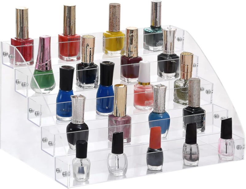 BEST MEDIA 5-Layer Transparent Acrylic Nail Polish and Eyeglass Display Holder, a Tiered Organizer Storage Tray and Rack Stand for cosmetics- Modern - 1 Piece - Transparent