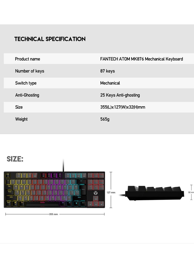 FANTECH - ATOM TKL MK876 Gaming Keyboard RGB Mechanical – Red Switch  – TKL Size Form Factor – Double Injection Keycaps – 16 Lighting Effects – 25 Keys Anti-Ghosting - EN Keys - Image 1
