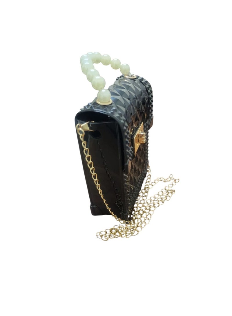 Mini Acrylic Handbag with Pearl Handle and Golden Crossbody Chain – Elegant Party Purse - Image 1