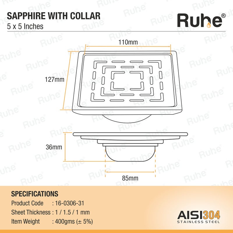 Ruhe® Exclusive Square Floor Drainer | 304-GradeStainless Steel Floor Drain- Sapphire Exclusive Square | (5x5 inches) | with Cockroach Trap/Jali & Collar | Pack of 1 - Image 2