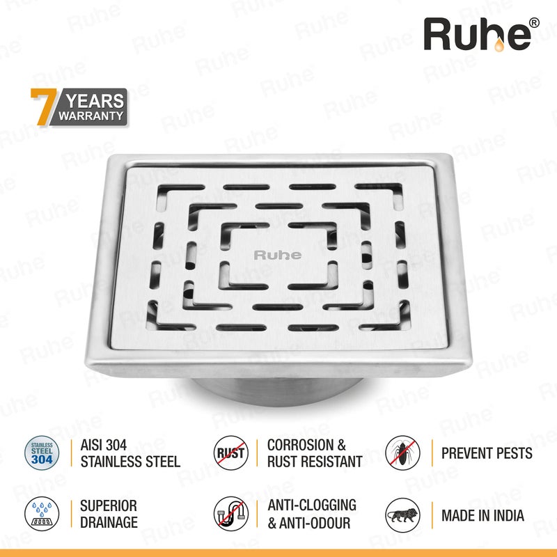 Ruhe® Exclusive Square Floor Drainer | 304-GradeStainless Steel Floor Drain- Sapphire Exclusive Square | (5x5 inches) | with Cockroach Trap/Jali & Collar | Pack of 1 - Image 4