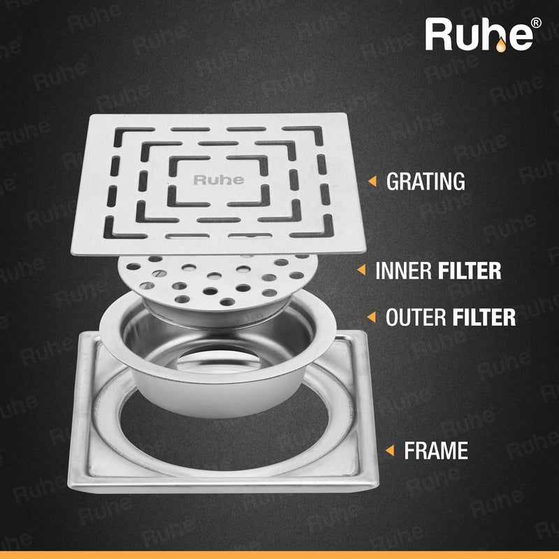 Ruhe® Exclusive Square Floor Drainer | 304-GradeStainless Steel Floor Drain- Sapphire Exclusive Square | (5x5 inches) | with Cockroach Trap/Jali & Collar | Pack of 1 - Image 3