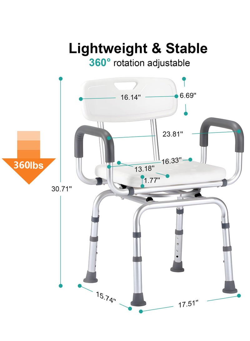 XiuWoo 360 Degree Shower Chair Swivel,Portable Seat with Armrests and Back, Adjustable Height Seat for Bathtub, White - Image 5