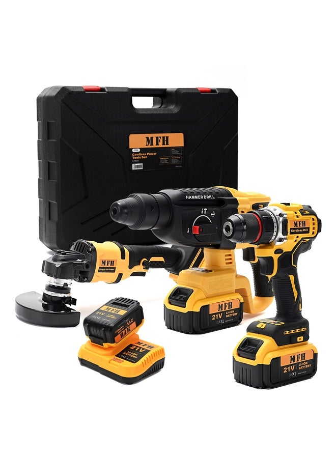 MFH TOOLS 3-Piece 21V Cordless Power Tools Set - 2-Speed Drill 2000RPM - Angle Grinder 12000RPM  - Hammer Drill 3200RPM  - Cordless Combo Kit for Drilling, Grinding, Chiseling, Repair & Installation - Image 1