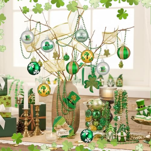 Arrowbash 12 Pcs St. Patrick's Day Ornaments for Tree Green and Gold Shamrock Ball Ornaments St Patrick's Day Decorations Good Lucky Clover Irish Festival Decor for Tree Party Shelf Decor - Image 2