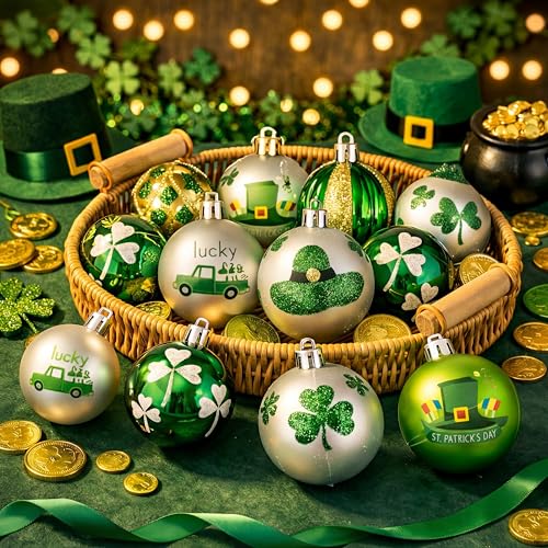Arrowbash 12 Pcs St. Patrick's Day Ornaments for Tree Green and Gold Shamrock Ball Ornaments St Patrick's Day Decorations Good Lucky Clover Irish Festival Decor for Tree Party Shelf Decor - Image 1
