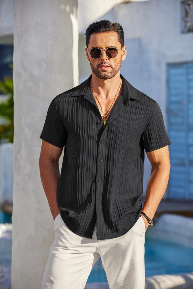COOFANDY Button Down Shirt Men Short Sleeve Shirt Button Up Shirts for Men Linen Shirts for Men Summer Beach Shirt Black - Image 2