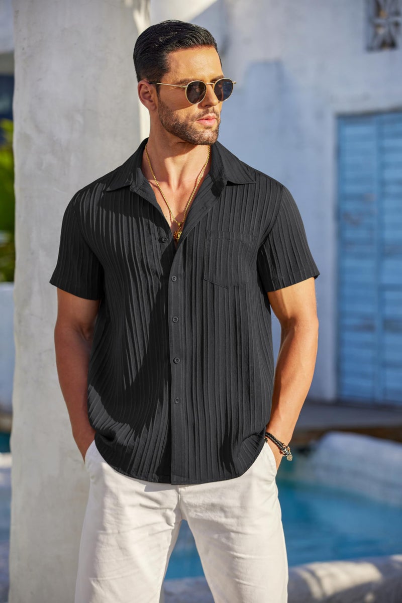 COOFANDY Button Down Shirt Men Short Sleeve Shirt Button Up Shirts for Men Linen Shirts for Men Summer Beach Shirt Black - Image 3