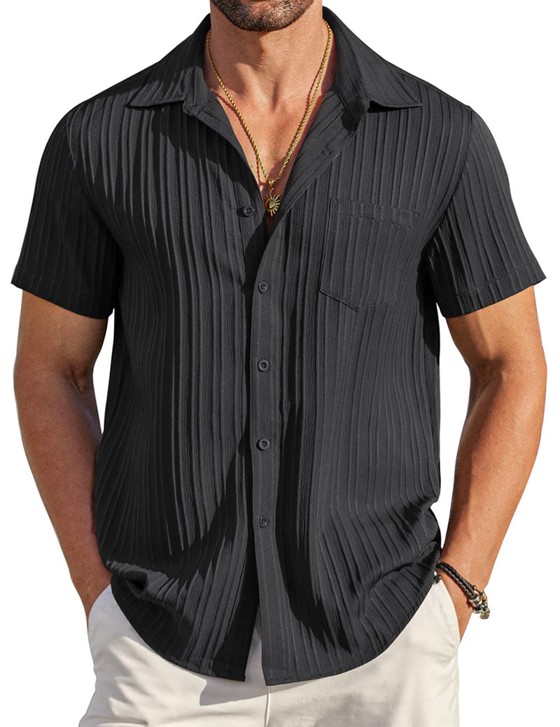 COOFANDY Button Down Shirt Men Short Sleeve Shirt Button Up Shirts for Men Linen Shirts for Men Summer Beach Shirt Black - Image 1