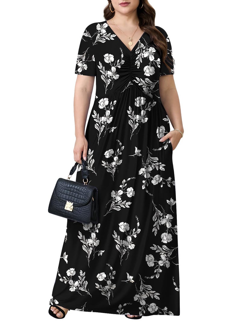 PEVRL Plus Size Maxi Dresses for Women Summer Casual Short Sleeve Long Dress with Pockets White Orchid 3X - Image 2