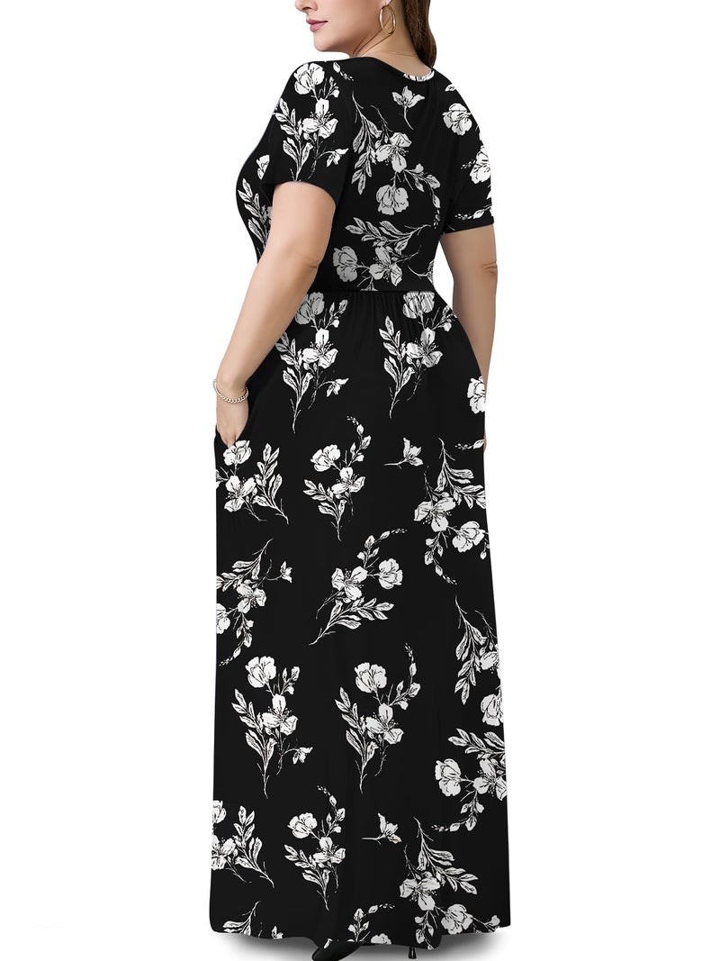 PEVRL Plus Size Maxi Dresses for Women Summer Casual Short Sleeve Long Dress with Pockets White Orchid 3X - Image 3