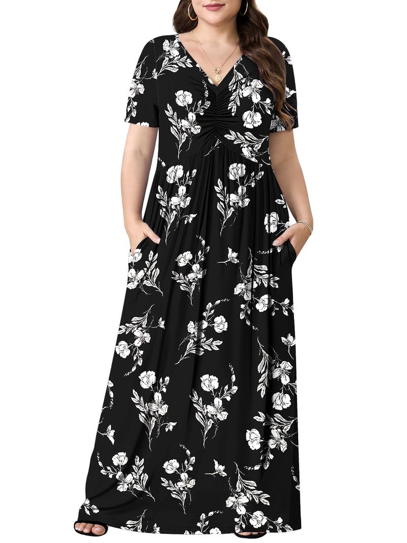 PEVRL Plus Size Maxi Dresses for Women Summer Casual Short Sleeve Long Dress with Pockets White Orchid 3X - Image 5