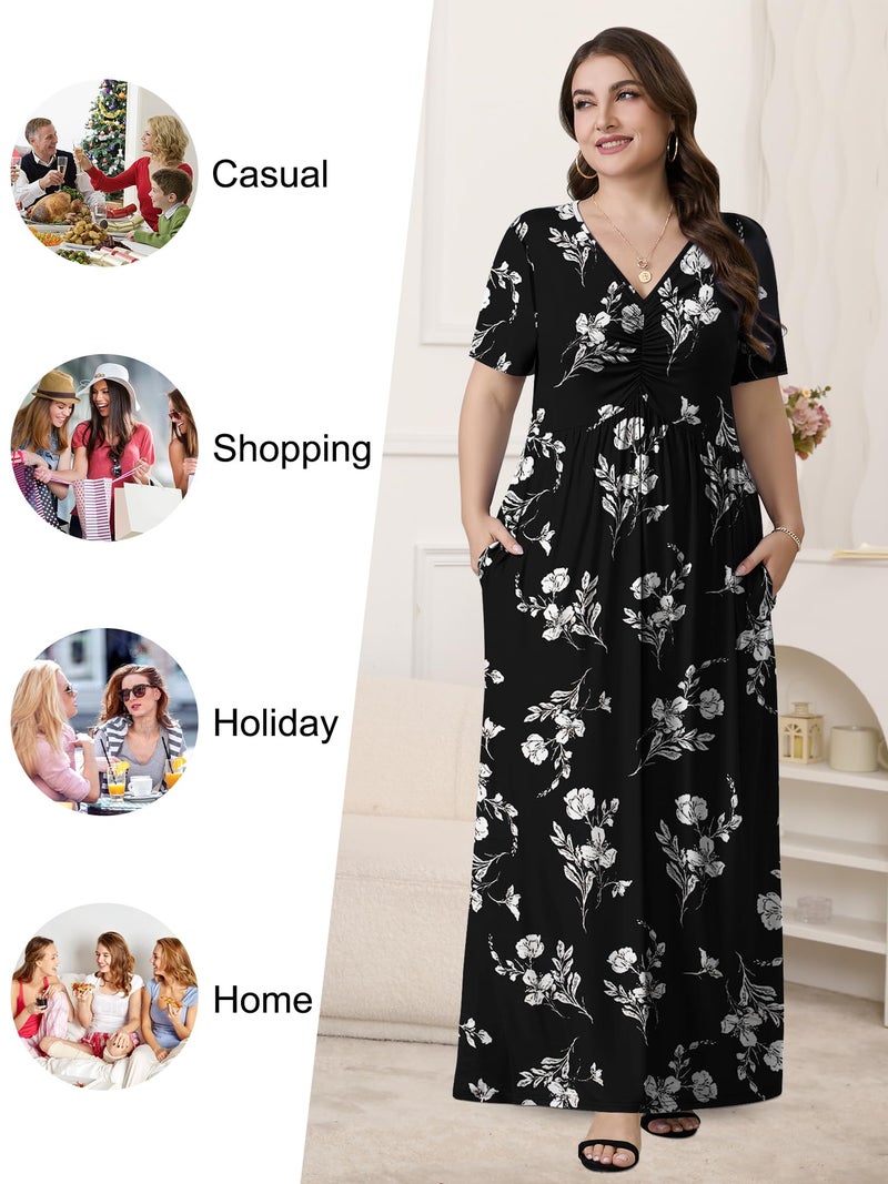 PEVRL Plus Size Maxi Dresses for Women Summer Casual Short Sleeve Long Dress with Pockets White Orchid 3X - Image 4