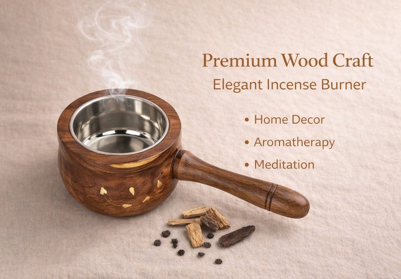Radin Wood Bakhoor Burner With Handle Traditional Charcoal Incense Burner For Oud And Bakhoor Handmade Mabkhara Made In India - Image 1
