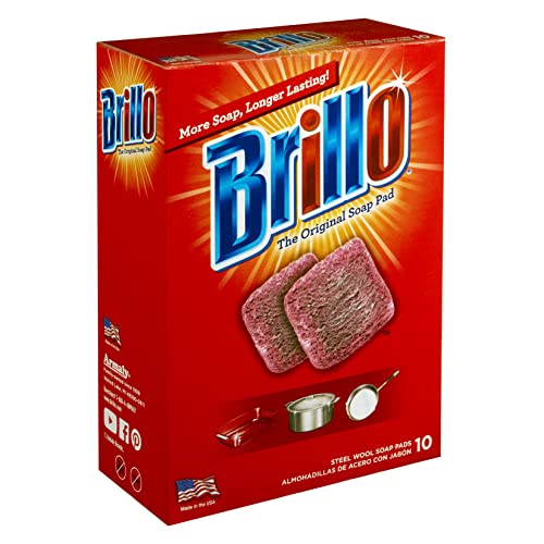 Brillo وسادات صابون الصوف الفولاذي بريللو، تدوم طويلاً، برائحة حمراء أصلية (10 قطع، عبوة من 1) - Image 1