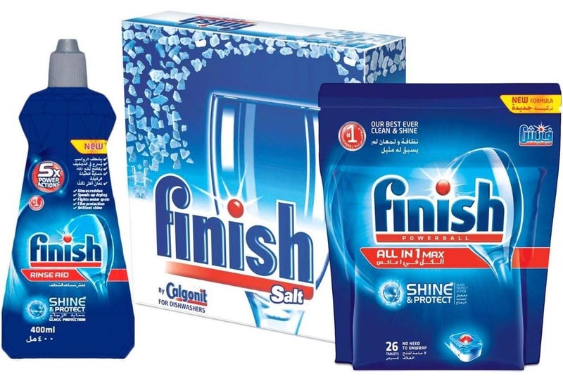 فنيش ملح منظف الأطباق فنش، 2 كجم- أقراص فنش باور بول للمعان والحماية، 26 قرص مع مساعد الشطف السائل فنش الأصلي، 400 مل - Image 1