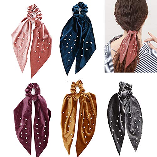 5 Pcs Velvet Scarf Hair Scrunchies Silk Ribbon Bow Scrunchies Super Soft Velvet Hair Ties Bowknot Scrunchies Bowknot Elegant Elastic Hair Bands Ponytail Holder 5 Packs A