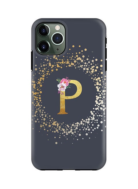 Monogram Tough Cover for Apple iPhone 11 Pro Case Custom Initials Letter Floral Pattern Tough Pro Dual Layer hybrid PC inner TPU protection Alphabet- P (Grey)