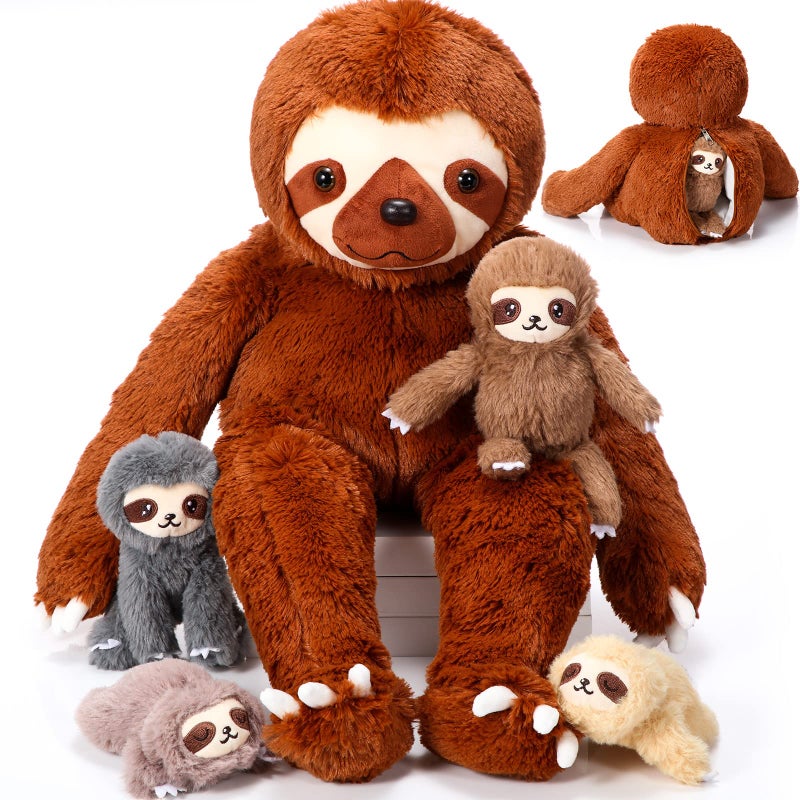 Kasyat 5 Pcs Sloth Plush Toy Set 13 Inch Mommy Sloth Stuffed Animal with 4 Cute Baby Plushies in Zippered Belly for Kids Birthday Gifts Home Decors Baby Shower Christmas Party Favors(Brown) - Image 1