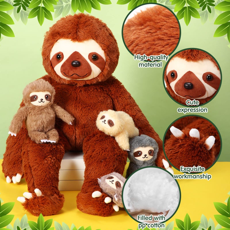 Kasyat 5 Pcs Sloth Plush Toy Set 13 Inch Mommy Sloth Stuffed Animal with 4 Cute Baby Plushies in Zippered Belly for Kids Birthday Gifts Home Decors Baby Shower Christmas Party Favors(Brown) - Image 4
