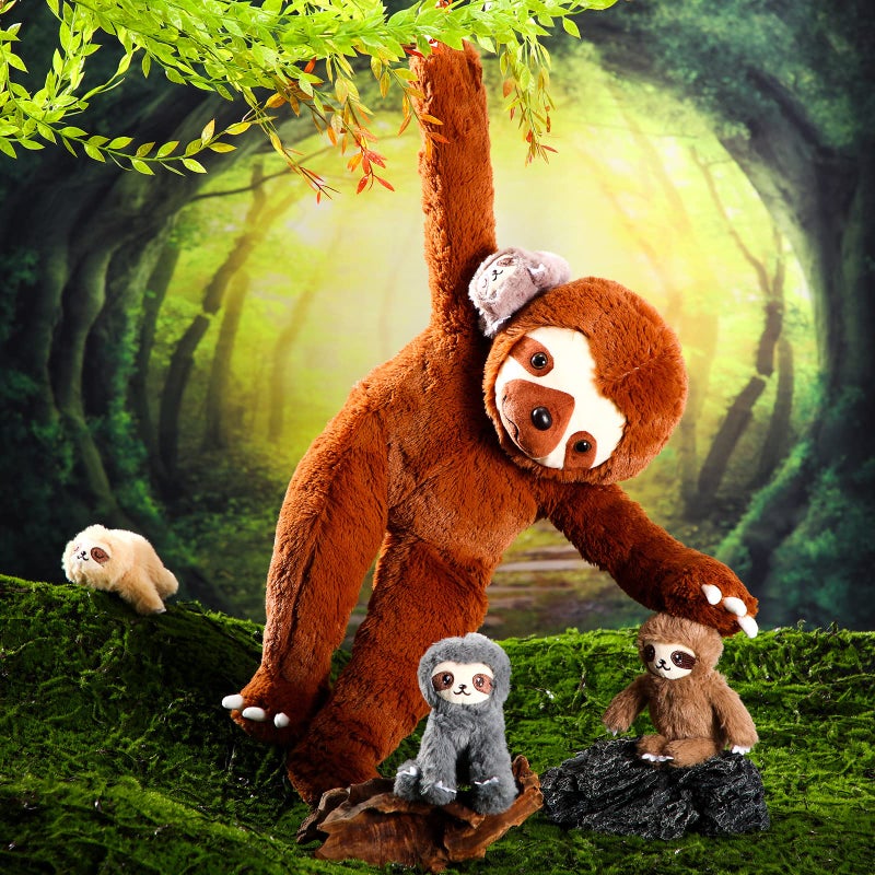 Kasyat 5 Pcs Sloth Plush Toy Set 13 Inch Mommy Sloth Stuffed Animal with 4 Cute Baby Plushies in Zippered Belly for Kids Birthday Gifts Home Decors Baby Shower Christmas Party Favors(Brown) - Image 5