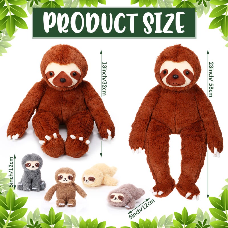 Kasyat 5 Pcs Sloth Plush Toy Set 13 Inch Mommy Sloth Stuffed Animal with 4 Cute Baby Plushies in Zippered Belly for Kids Birthday Gifts Home Decors Baby Shower Christmas Party Favors(Brown) - Image 2