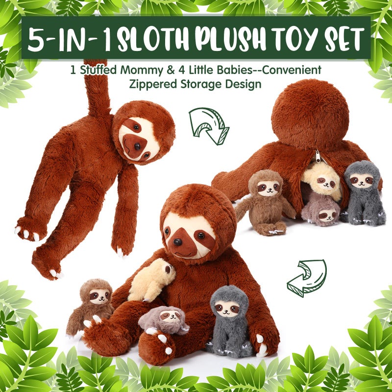 Kasyat 5 Pcs Sloth Plush Toy Set 13 Inch Mommy Sloth Stuffed Animal with 4 Cute Baby Plushies in Zippered Belly for Kids Birthday Gifts Home Decors Baby Shower Christmas Party Favors(Brown) - Image 3