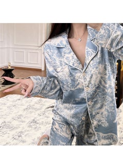 Rongge In-Stock Best Seller Spring Autumn Thin Ice Silk Pajama Set Cardigan Long Sleeves Trousers Home Clothes Suite 32_double long blue animals [light luxury and high-end]
