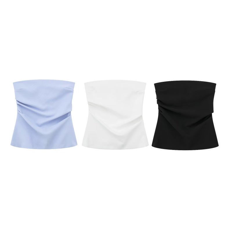 Women'S 2024 Strapless Pleated Solid Color Slim Top - Image 3
